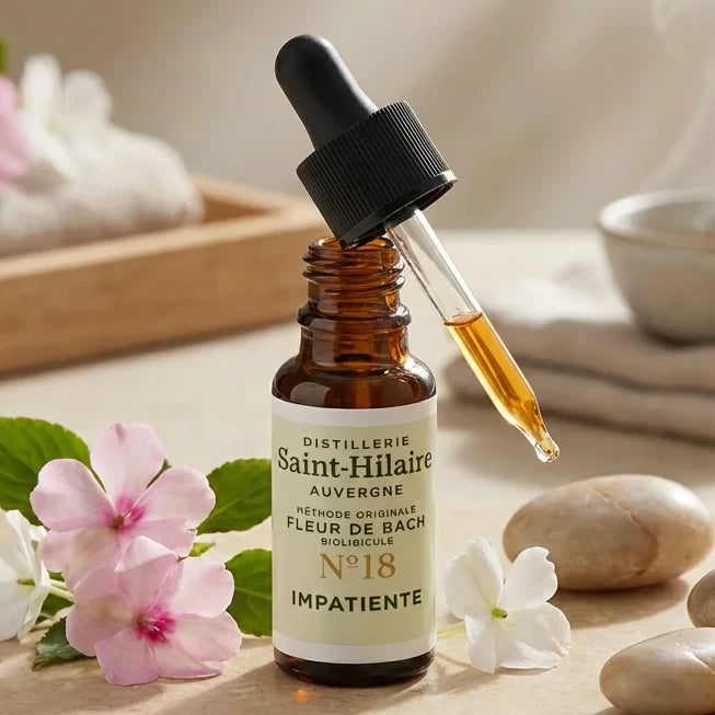 Fleur de Bach Impatiente n°18 Saint-Hilaire 20ml avec fleurs impatiens et pierres lisses