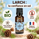 Flacon en verre ambré de Fleur de Bach Larch (Mélèze) Bio Biofloral, granules 19,5 g, avec badges BIO et Sans alcool