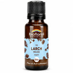 Flacon en verre ambré de fleur de Bach Larch (Mélèze) Bio en granules, étiquette bleue Biofloral, fond blanc