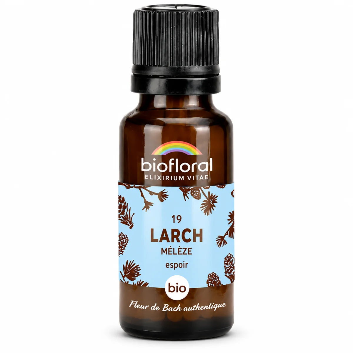 Flacon en verre ambré de fleur de Bach Larch (Mélèze) Bio en granules, étiquette bleue Biofloral, fond blanc