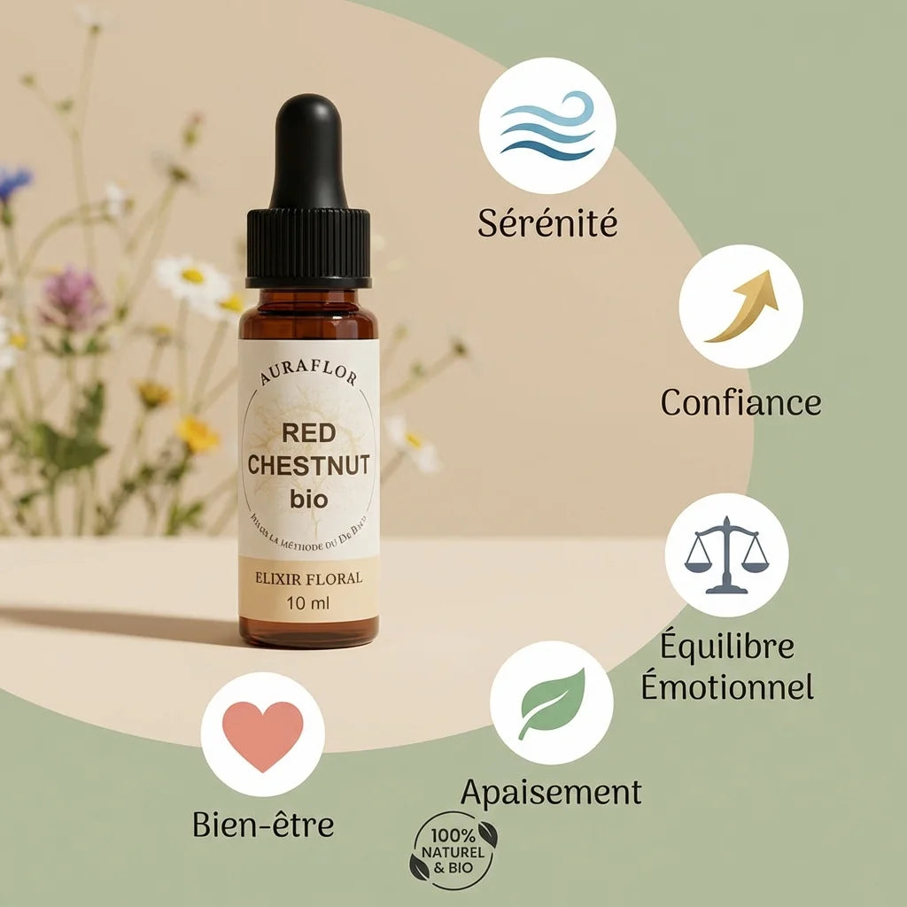 Fleur de Bach Marronier Rouge Bio 10ml avec icônes bien-être, sérénité et équilibre émotionnel