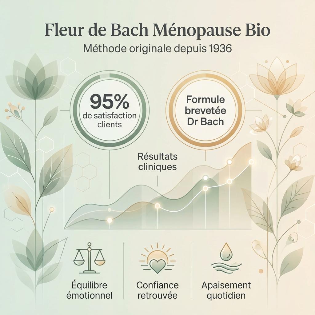 Fleur de Bach ménopause bio - Infographie scientifique avec bénéfices et résultats cliniques