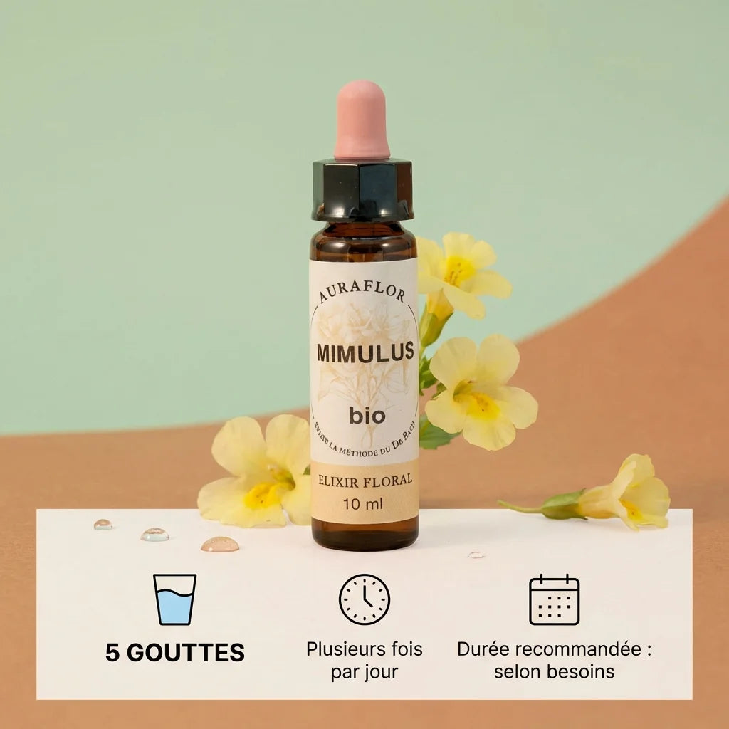 Fleur de Bach Mimule bio 10ml Dioter - Flacon pipette avec posologie 5 gouttes plusieurs fois par jour