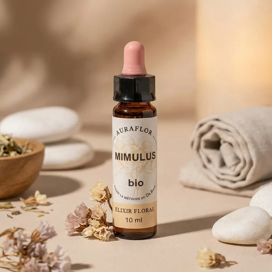 Fleur de Bach Mimule bio 10ml Dioter - Bouteille avec compte-gouttes sur fond naturel