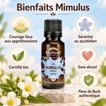 Fleur de Bach Mimulus bio en granules Biofloral 19,5 g, flacon ambré avec infographie sur le courage, la sérénité et la certification bio