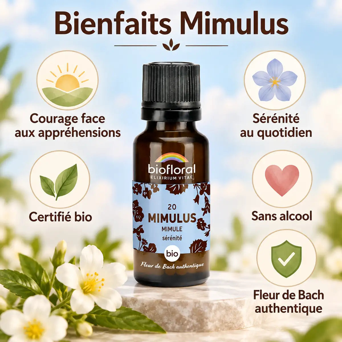 Fleur de Bach Mimulus bio en granules Biofloral 19,5 g, flacon ambré avec infographie sur le courage, la sérénité et la certification bio