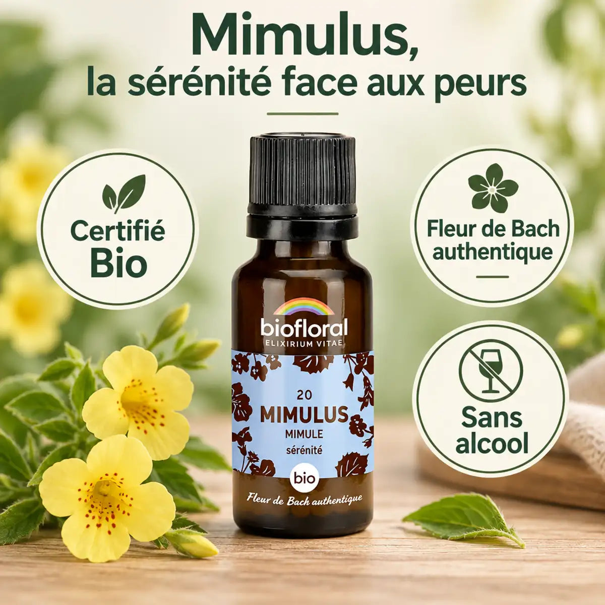 Flacon de fleur de Bach Mimulus Bio Biofloral en granules, étiquette bleue, badges "Certifié Bio" et "Sans alcool" sur fond sauge

Fleur de Bach Mimulus Bio en granules Biofloral, flacon ambré avec étiquette bleue et badges Certifié Bio, sans alcool