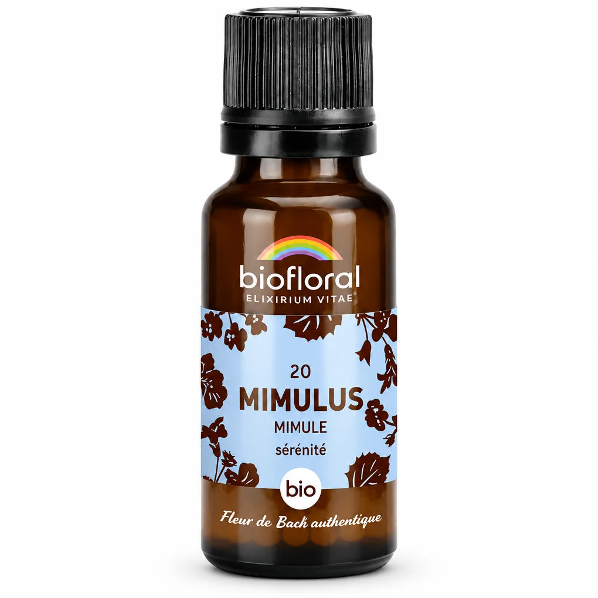 Flacon en verre ambré de fleur de Bach Mimulus (mimule) bio en granules, étiquette bleue Biofloral, fond blanc
