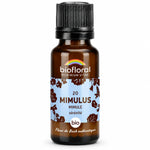 Flacon en verre ambré de fleur de Bach Mimulus (mimule) bio en granules, étiquette bleue Biofloral, fond blanc