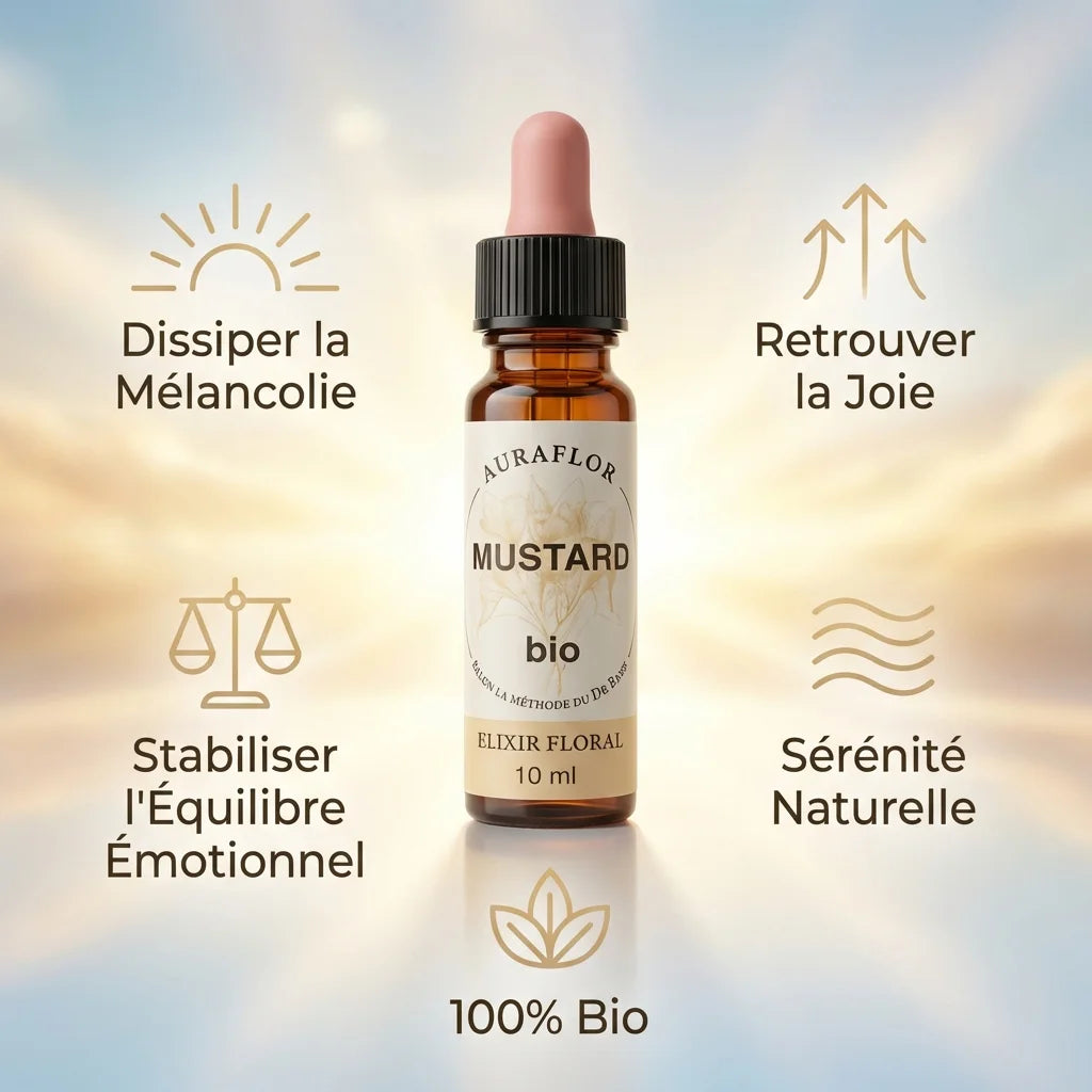 Fleur de Bach Moutarde bio 10ml - Flacon en verre ambré avec icônes bénéfices bien-être émotionnel