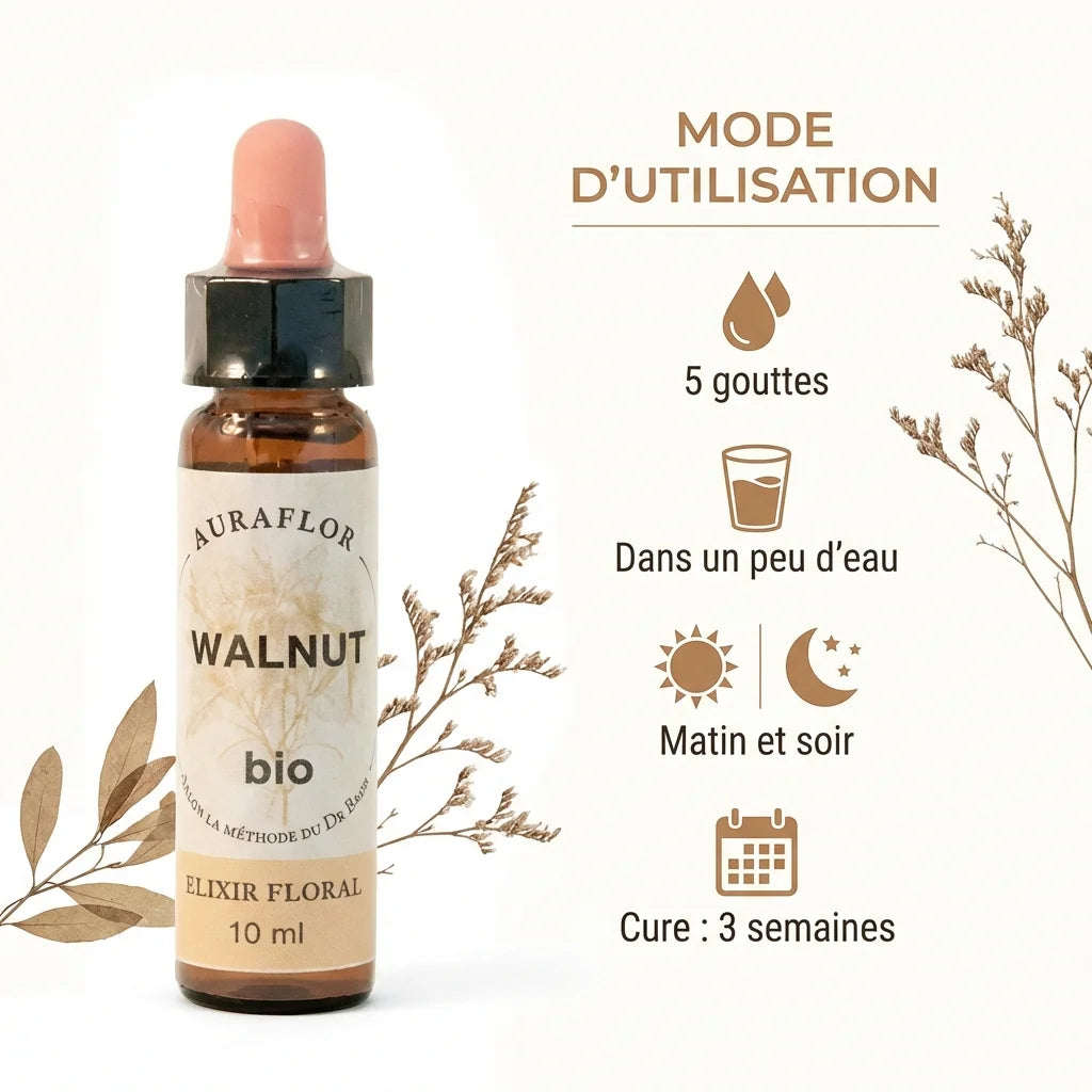 Fleur de Bach noyer bio 10ml avec guide d'utilisation : 5 gouttes dans l'eau matin et soir