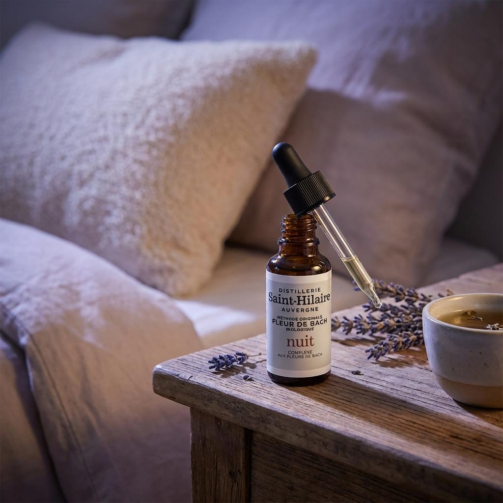 Fleur de Bach Nuit 20ml Saint Hilaire en flacon ambré sur table de nuit, ambiance relaxante nocturne