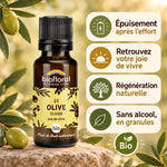 Flacon de Fleur de Bach Olive Bio en granules Biofloral, entouré de textes sur l'épuisement, la joie de vivre et la régénération