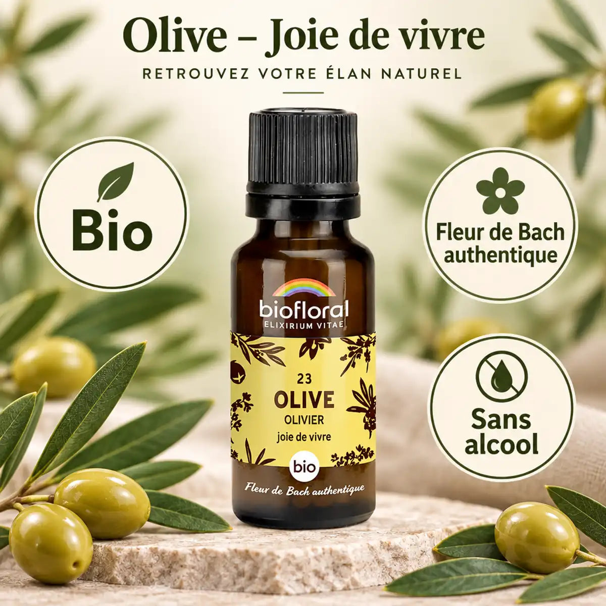 Fleur de Bach Olive Bio en granules Biofloral 19,5 g : flacon ambré avec étiquette olivier, fond vert sauge et crème