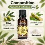 Fleur de Bach Olive Bio en granules 19,5 g : flacon Biofloral sur fond olive, composition olive et sucre de canne bio