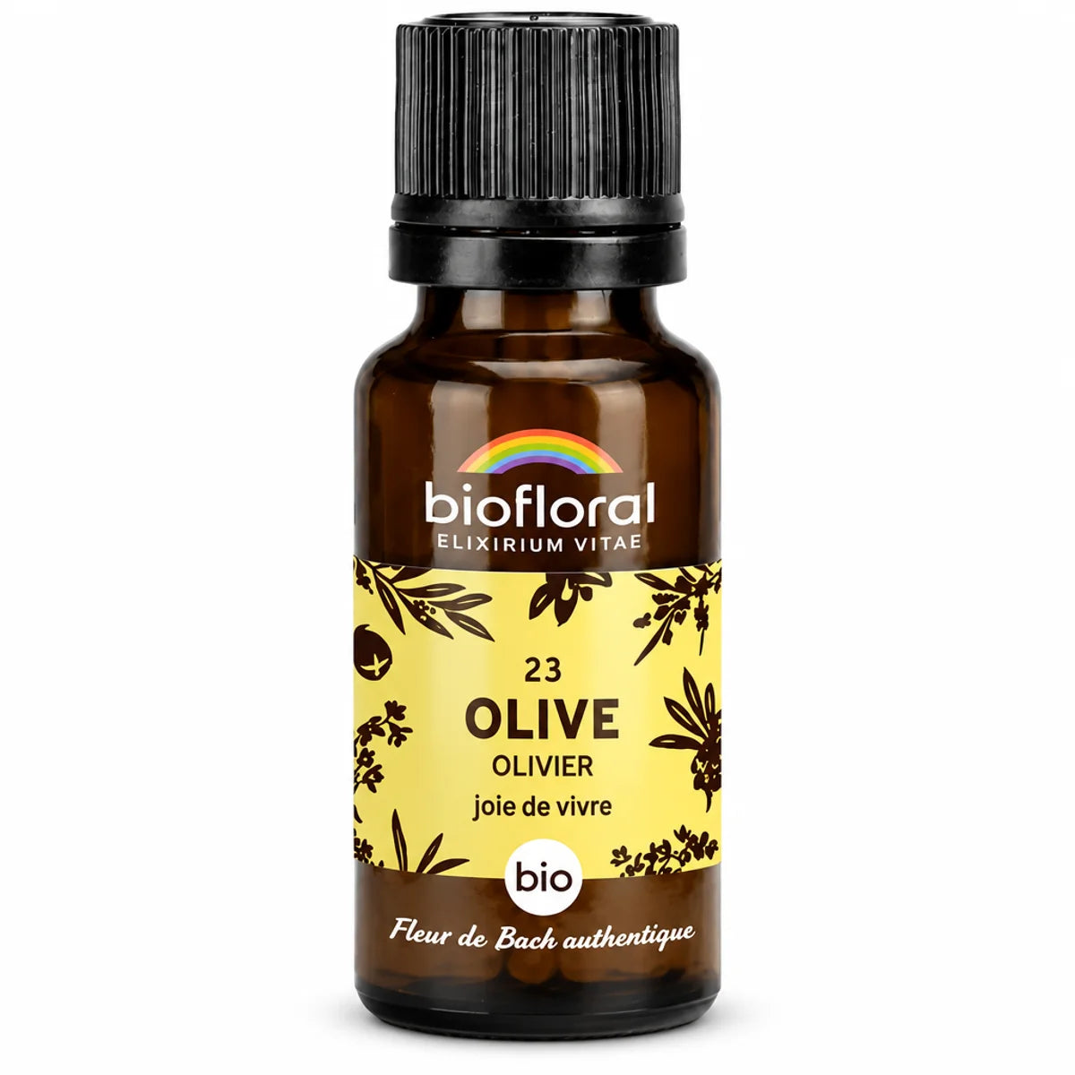 Flacon en verre ambré de fleur de Bach Olive (Olivier) Bio en granules Biofloral, 19,5 g, sur fond blanc