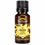 Flacon en verre ambré de fleur de Bach Olive (Olivier) Bio en granules Biofloral, 19,5 g, sur fond blanc