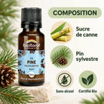 Flacon ambré Biofloral Fleur de Bach Pin Sylvestre Bio en granules, avec panneau composition : sucre de canne, pin sylvestre, sans alcool, certifié bio
