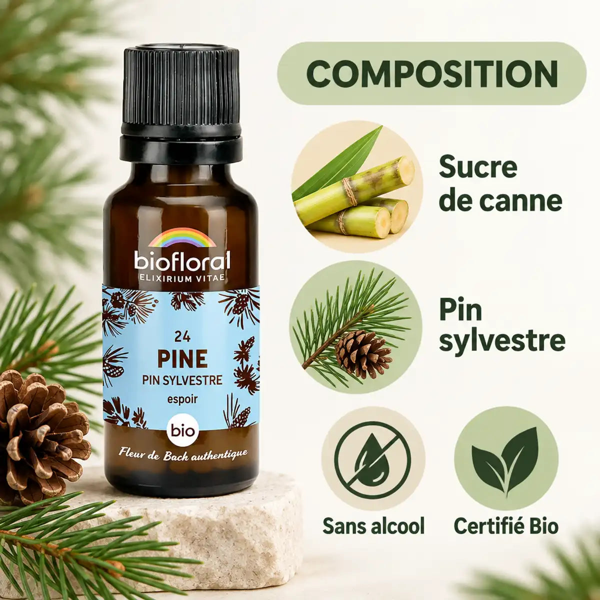 Flacon ambré Biofloral Fleur de Bach Pin Sylvestre Bio en granules, avec panneau composition : sucre de canne, pin sylvestre, sans alcool, certifié bio