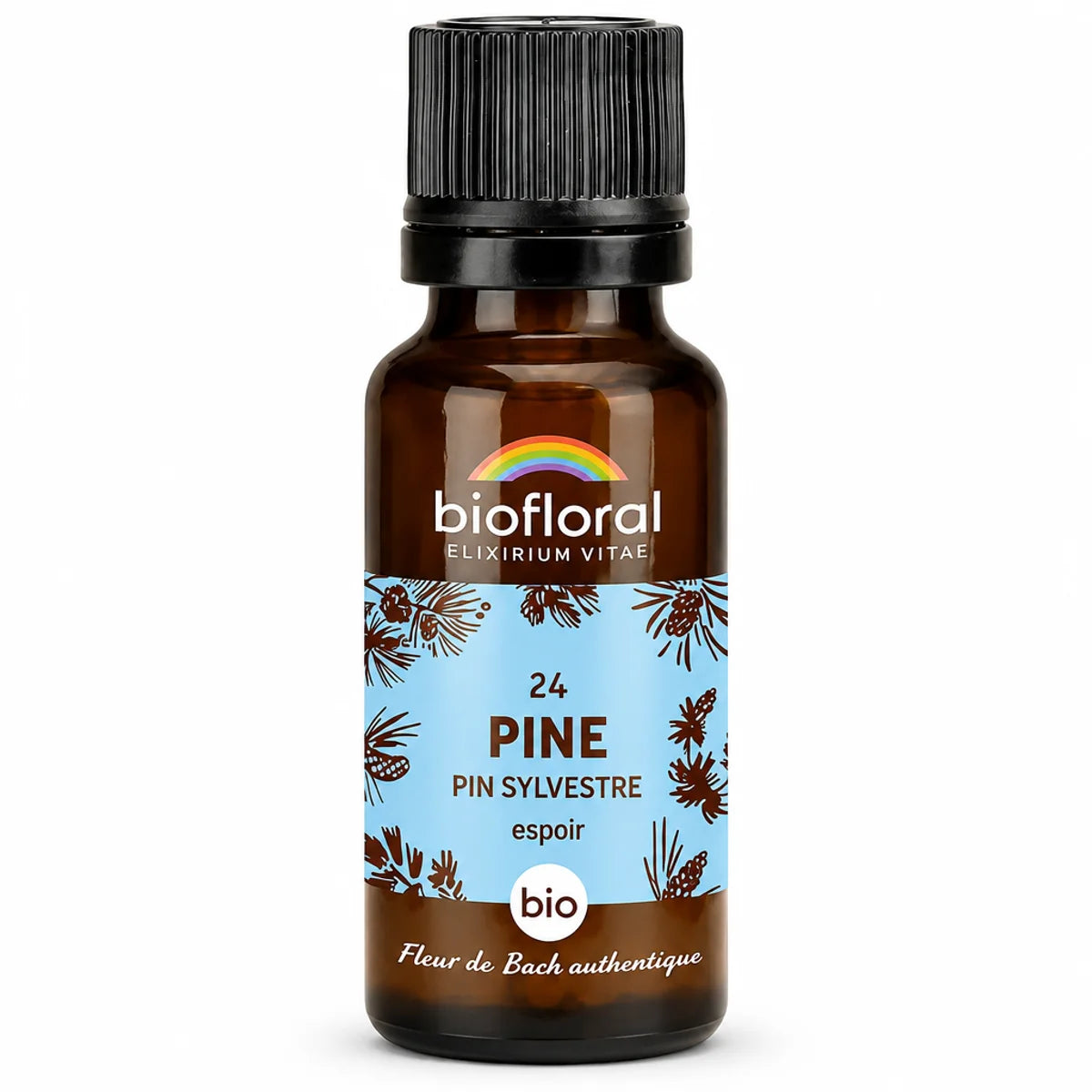 Fleur de Bach Pin Sylvestre bio en granules Biofloral 19,5 g : flacon en verre ambré sur fond blanc