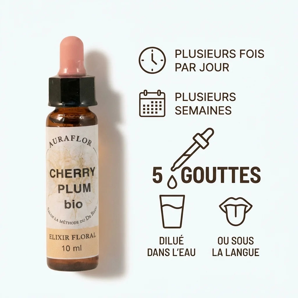 Fleur de Bach Prunus bio 10ml avec dosage: 5 gouttes plusieurs fois par jour diluées dans l'eau