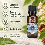 Fleur de Bach Red Chestnut Bio Biofloral en granules : flacon ambré et feuilles de marronnier sur fond vert sauge