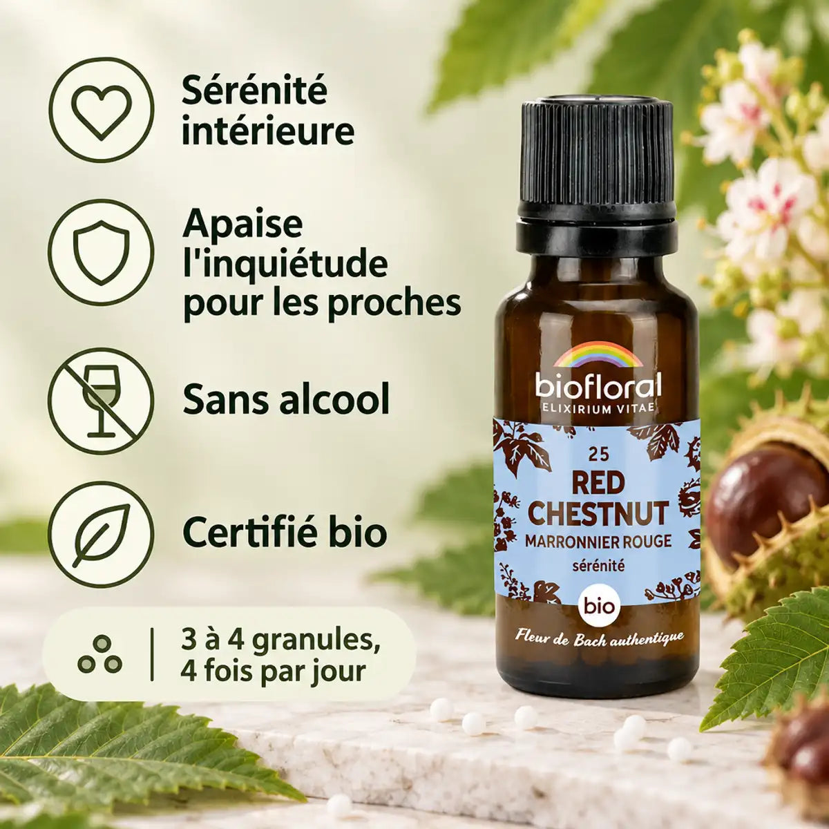 Fleur de Bach Red Chestnut Bio Biofloral en granules : flacon ambré et feuilles de marronnier sur fond vert sauge