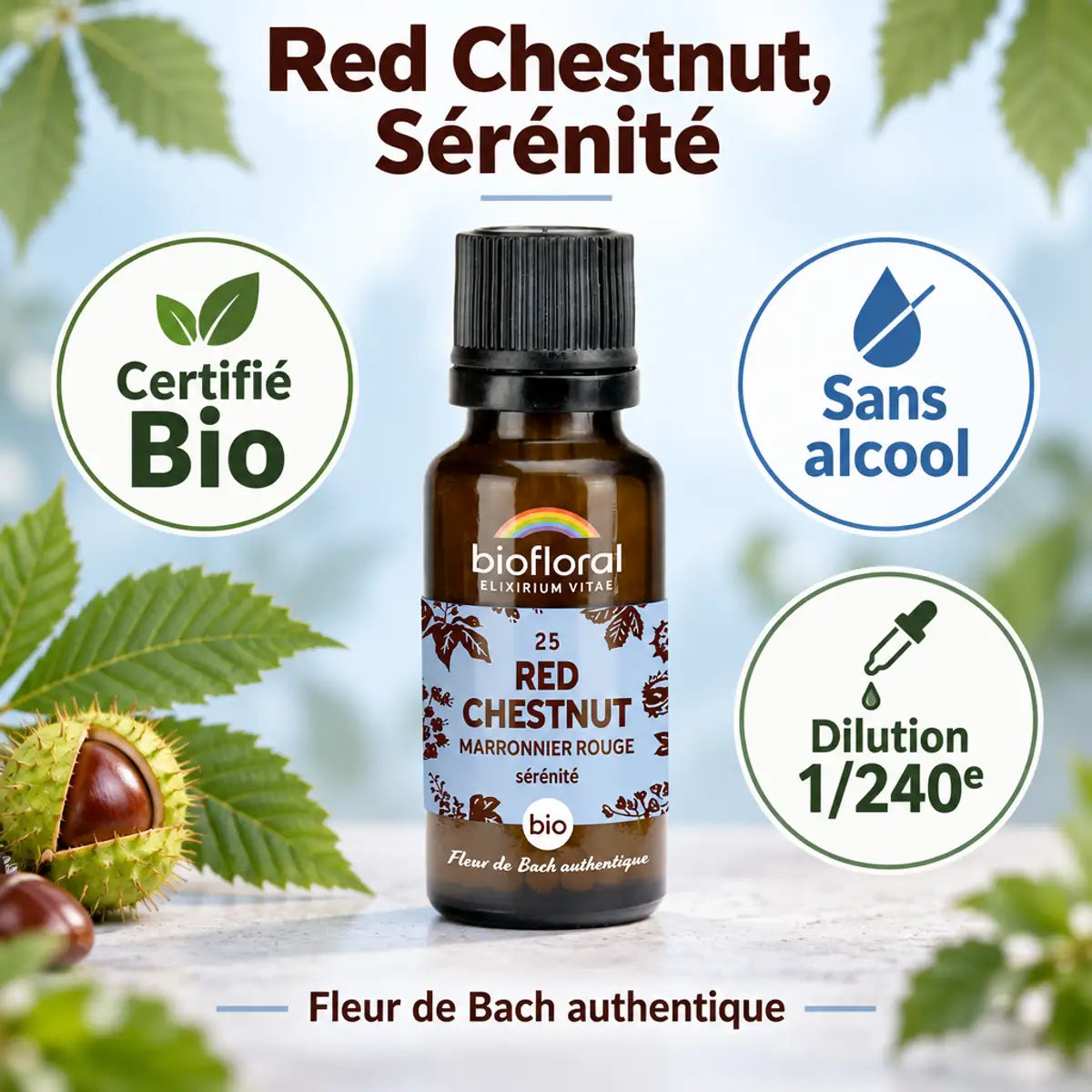 Flacon de Fleur de Bach Red Chestnut Bio Biofloral en granules, sur fond bleu clair, avec badges Certifié Bio et Sans alcool