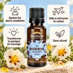 Fleur de Bach Rock Rose Hélianthème Bio en granules 19,5 g Biofloral : flacon ambré et cartes de bienfaits sur fond bleu ciel