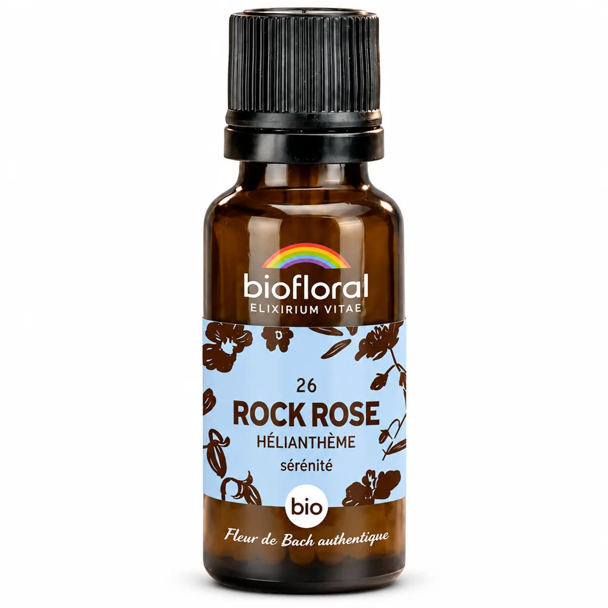 Flacon en verre ambré de Fleur de Bach Rock Rose (Hélianthème) Bio Biofloral, granules 19,5 g, sur fond blanc
