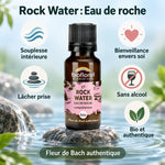 Flacon ambré Rock Water Biofloral Fleur de Bach bio, eau de roche en granules, fond bleu pâle et vert sauge