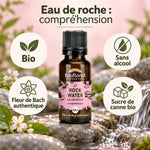 Flacon ambré Biofloral Eau de roche Fleur de Bach bio en granules, sur fond de galets gris et eau de source