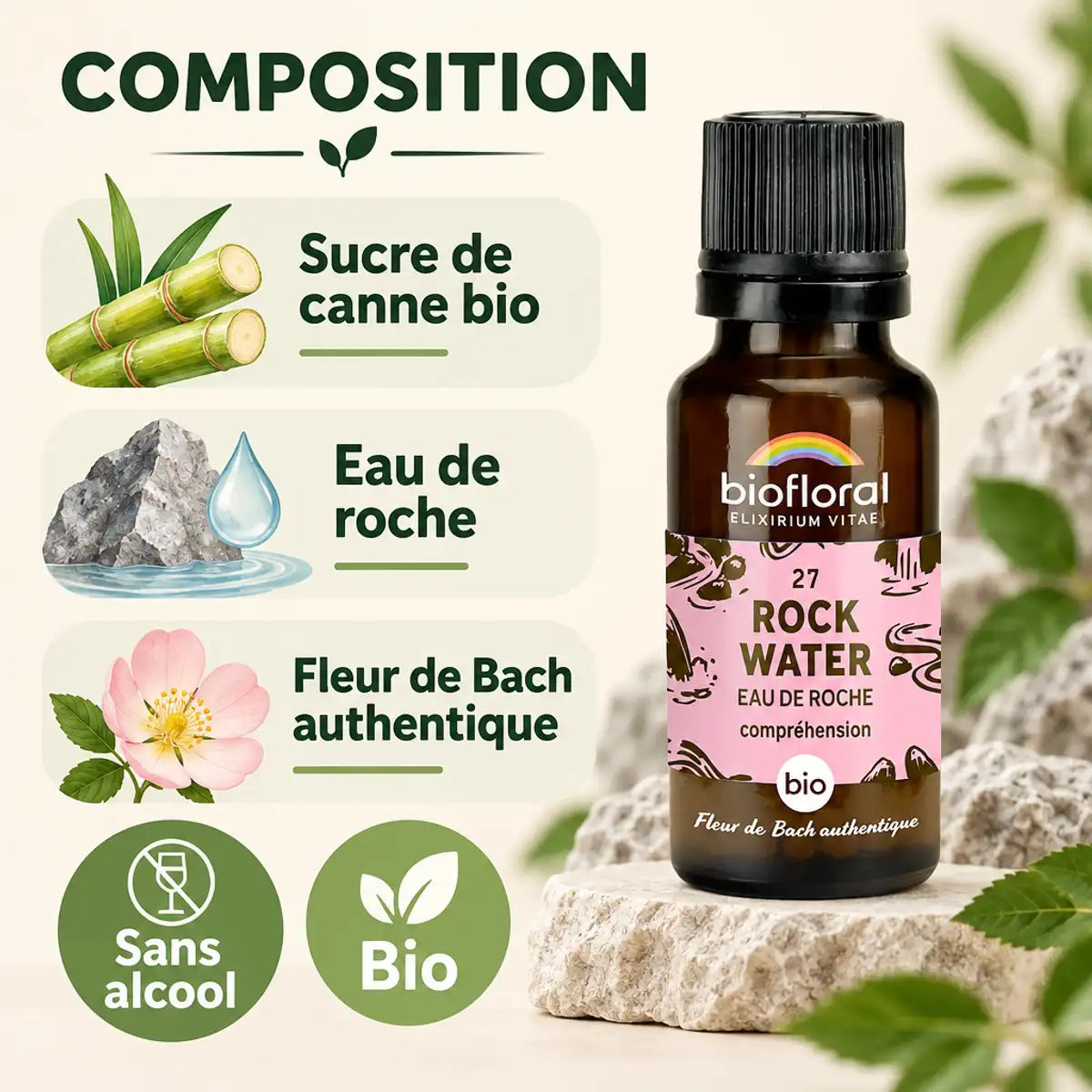Flacon Biofloral ambré avec pipette noire, Fleur de Bach Rock Water eau de roche bio en granules, composition sans alcool