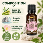 Flacon Biofloral ambré avec pipette noire, Fleur de Bach Rock Water eau de roche bio en granules, composition sans alcool