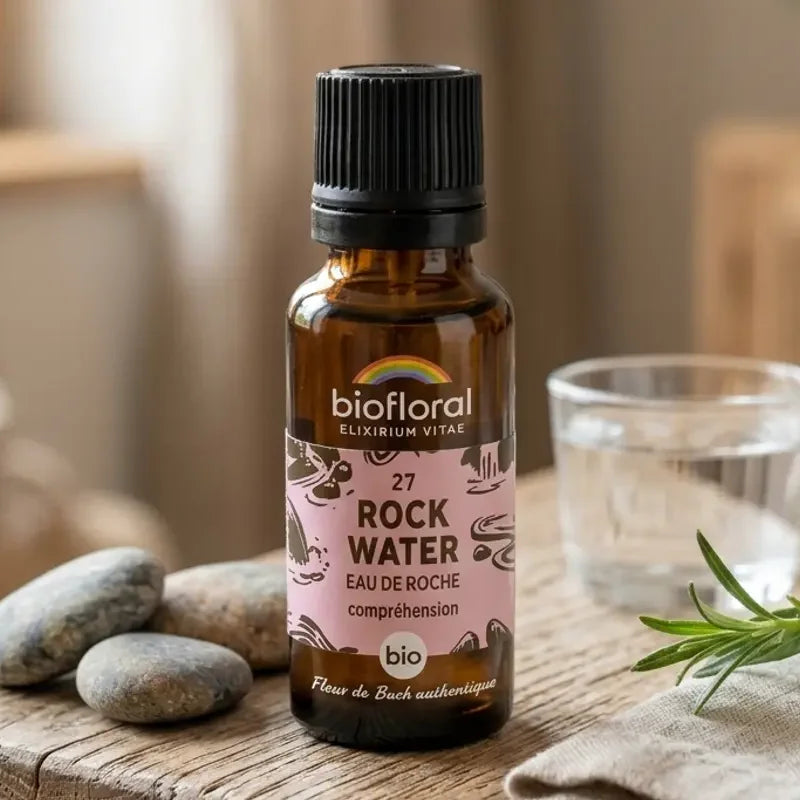 Fleur de Bach Rock Water Bio en granules Biofloral : flacon compte-gouttes ambre sur table en bois, verre d'eau et galets