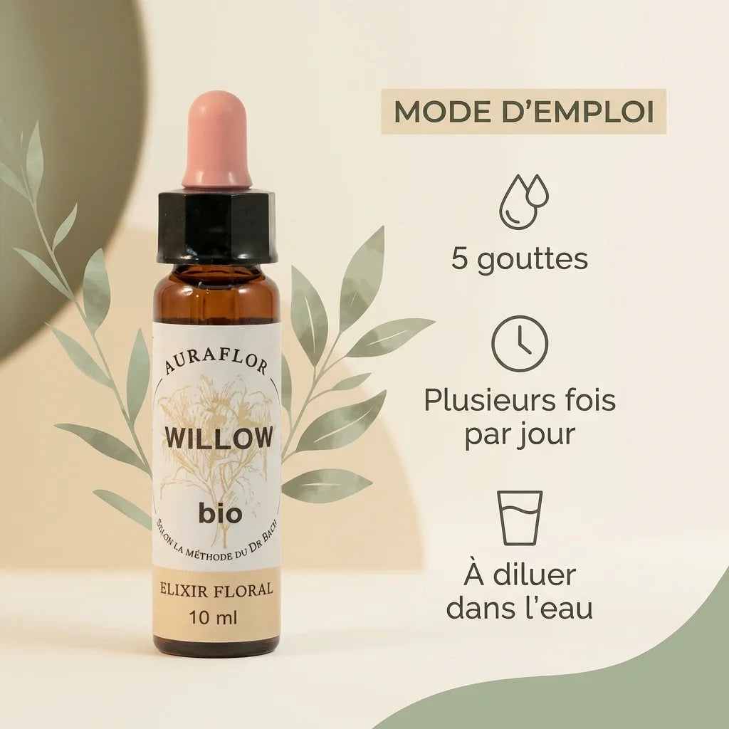 Fleur de Bach Saule Bio 10ml Dioter avec mode d'emploi et dosage 5 gouttes par jour