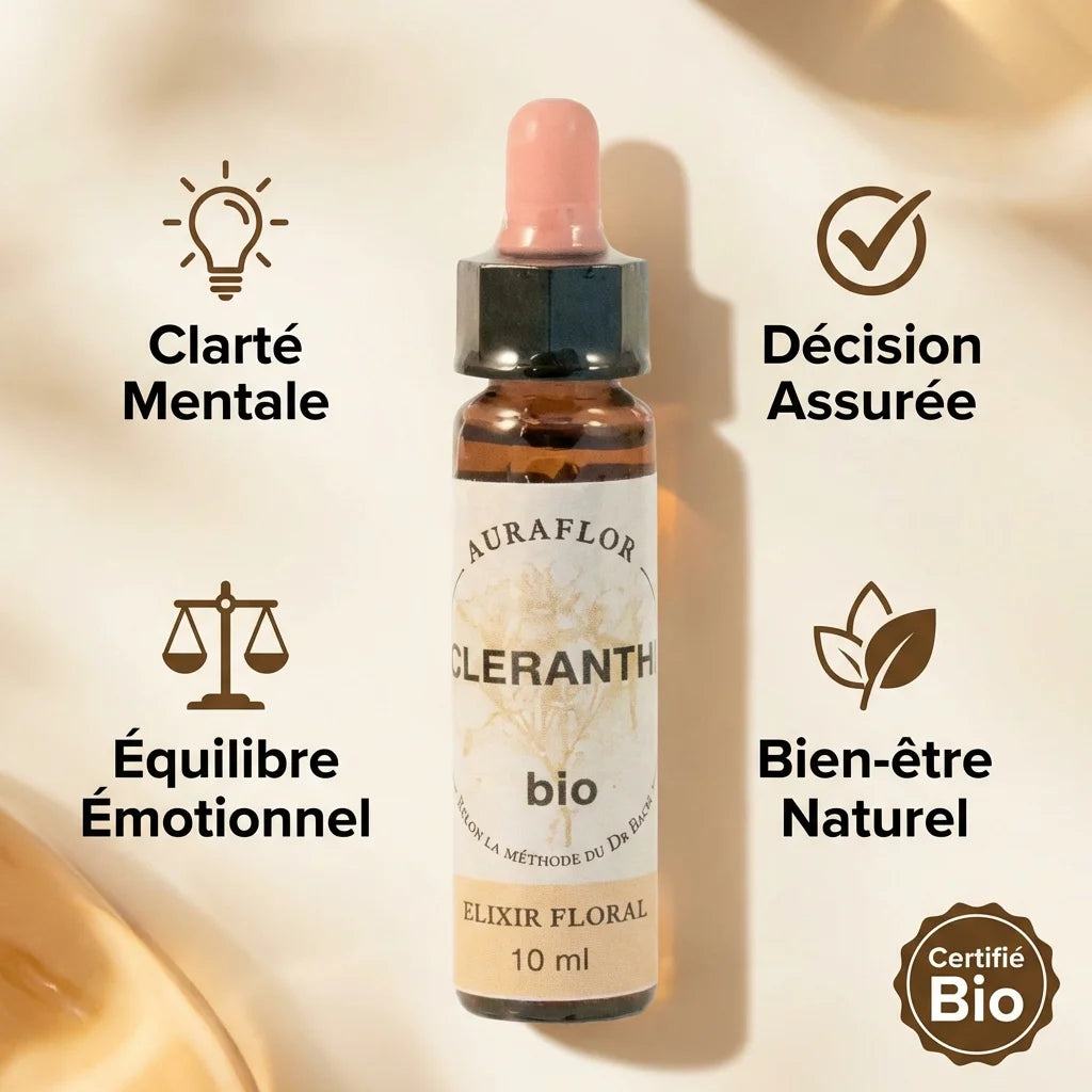 Fleur de Bach Scléranthe Bio 10ml avec icônes de clarté mentale et équilibre émotionnel