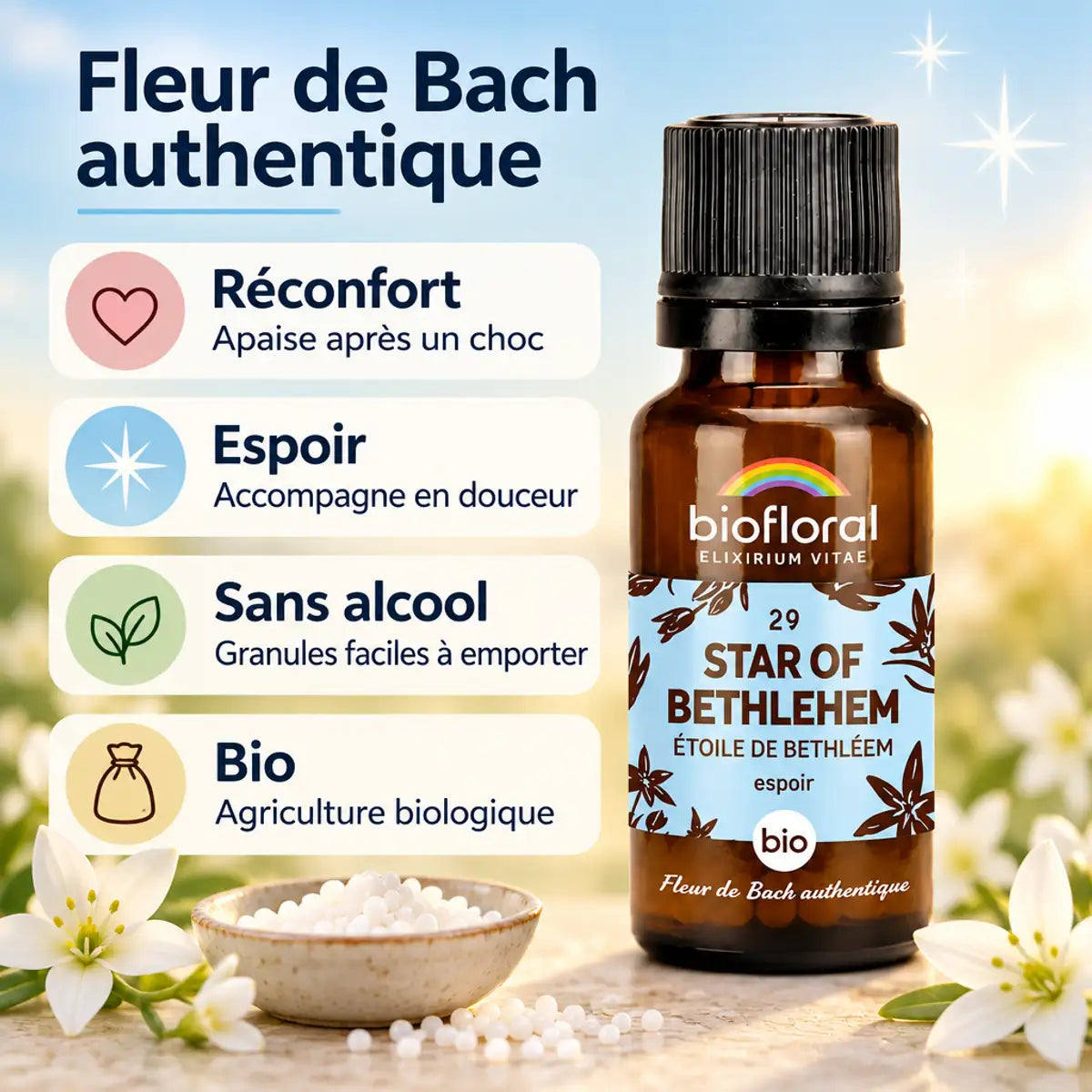 Fleur de Bach Étoile de Bethléem Biofloral en granules 19,5 g : flacon ambré, granules de sucre et fleurs blanches sur fond bleu ciel