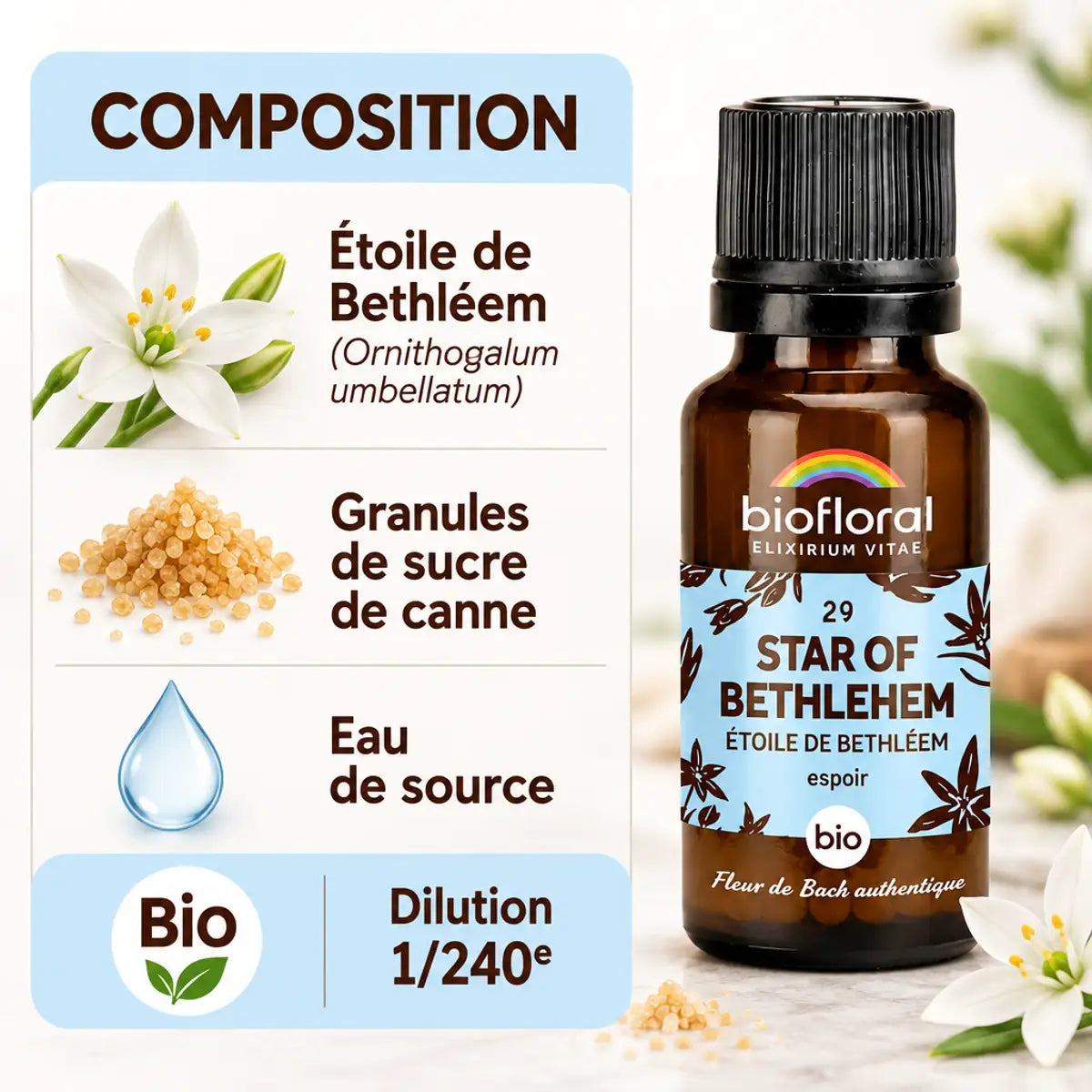 Fleur de Bach Étoile de Bethléem Biofloral en granules 19,5 g, flacon ambré et infographie sur la composition et la dilution