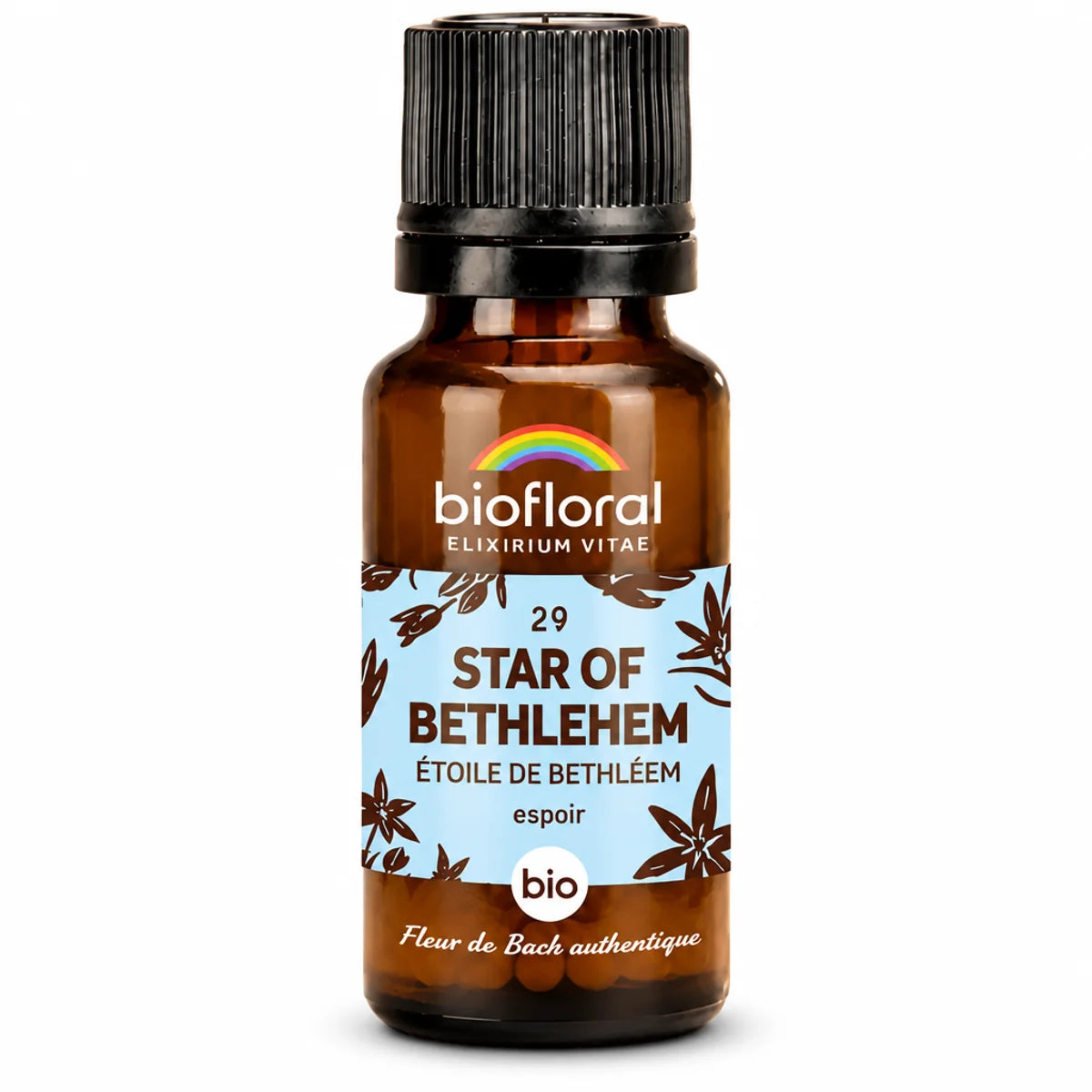 Flacon de fleur de Bach Étoile de Bethléem Biofloral bio en granules, 19,5 g, avec étiquette bleu ciel sur fond blanc