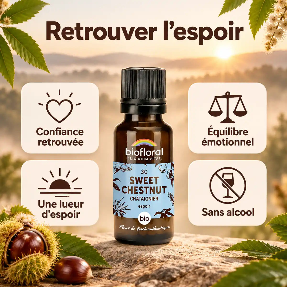 Flacon de Fleur de Bach Sweet Chestnut (Châtaignier) n°30 Biofloral en granules, sans alcool, sur fond beige