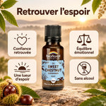 Flacon de Fleur de Bach Sweet Chestnut (Châtaignier) n°30 Biofloral en granules, sans alcool, sur fond beige