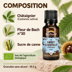 Flacon Biofloral Fleur de Bach Sweet Chestnut (châtaignier) bio en granules, 19,5 g, avec infographie de composition