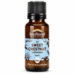 Flacon compte-gouttes en verre ambré de Fleur de Bach Sweet Chestnut Châtaignier Bio Biofloral, sur fond blanc