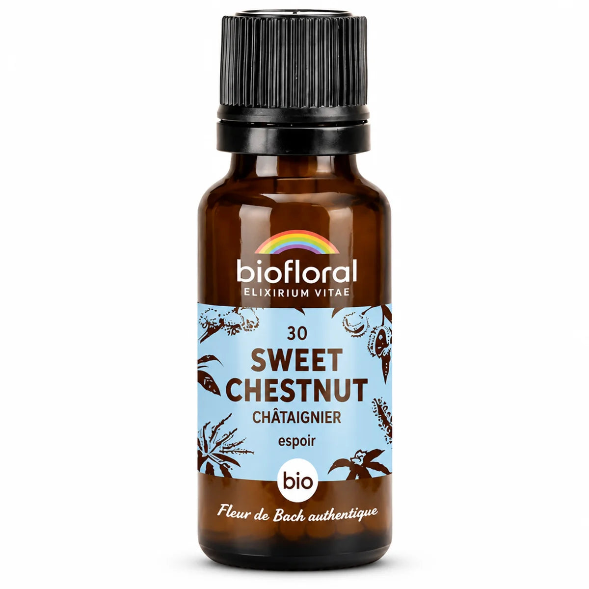 Flacon compte-gouttes en verre ambré de Fleur de Bach Sweet Chestnut Châtaignier Bio Biofloral, sur fond blanc