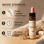 Fleur de Bach Verveine bio 10ml avec mode d'emploi: 2 gouttes sous la langue, 3 fois par jour