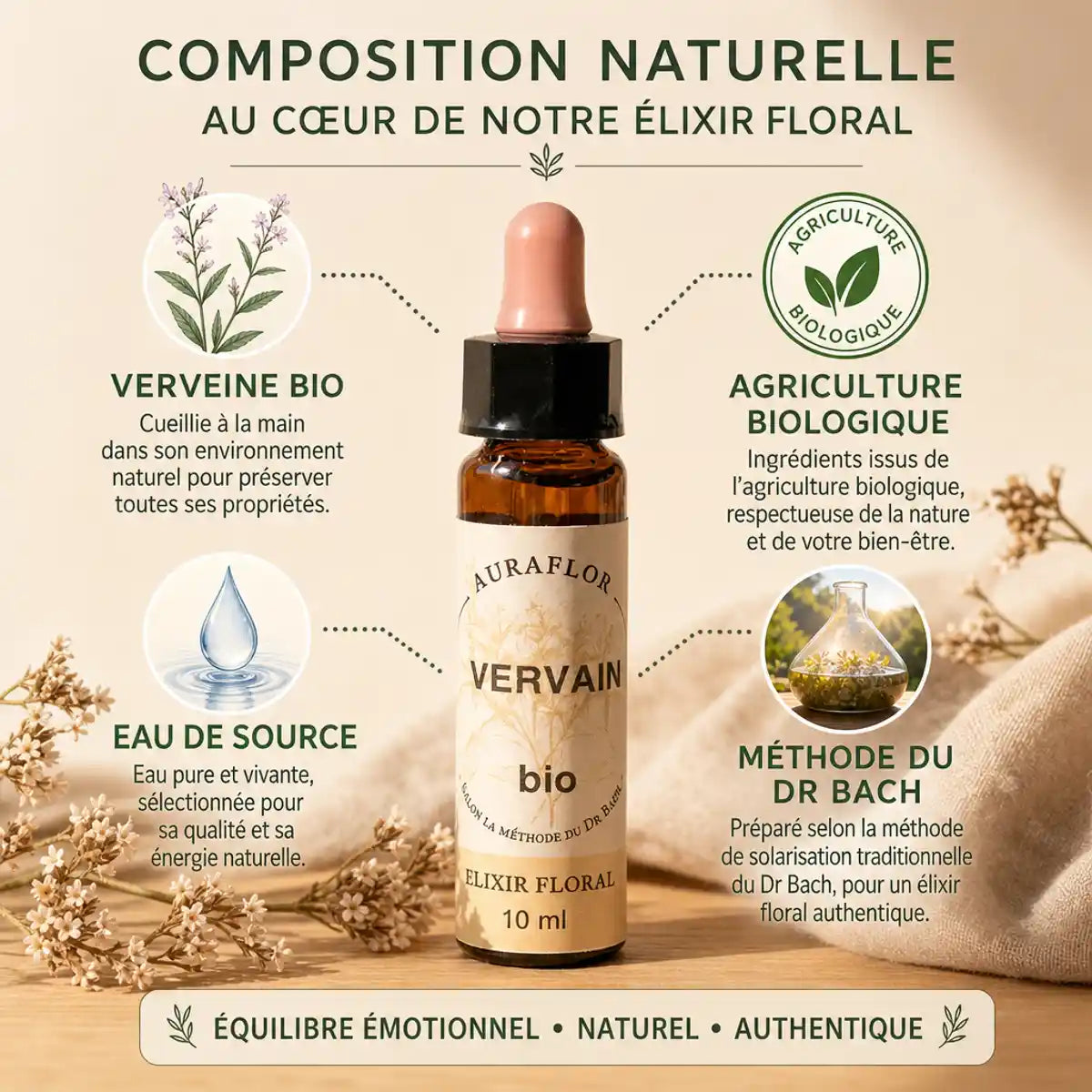 Fleur de Bach Verveine bio 10ml Dioter - Flacon en verre avec étiquette et ingrédients