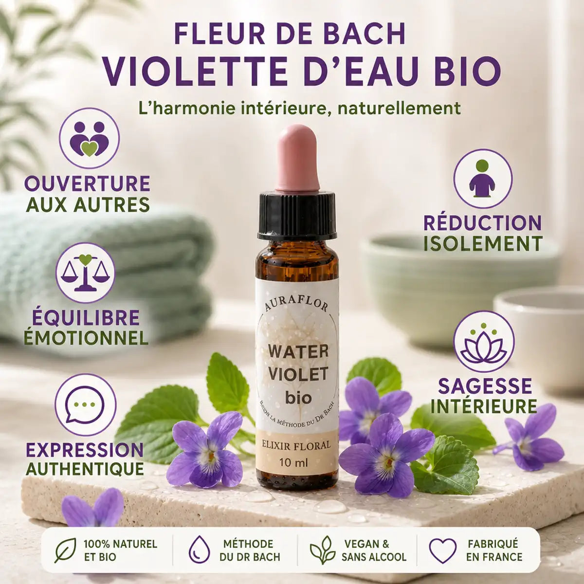 Fleur de Bach Violette d'eau Bio 10ml - Bouteille avec bénéfices émotionnels et fleurs violettes