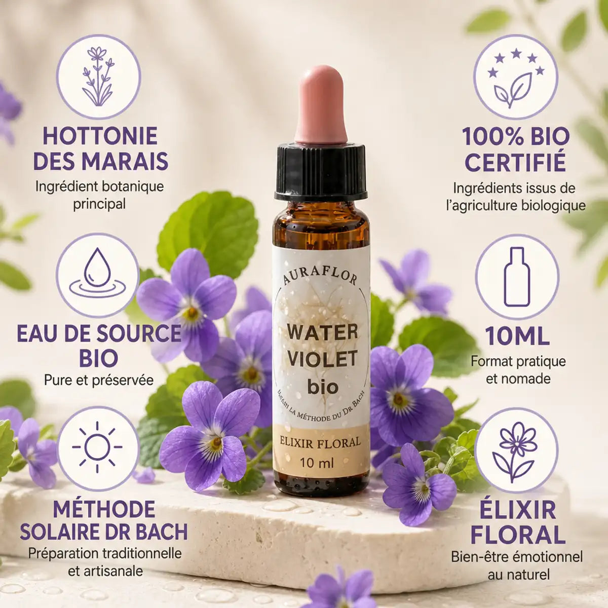 Fleur de Bach Violette d'eau Bio 10ml Dioter - Élixir floral en flacon avec fleurs violettes