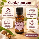Flacon de Fleur de Bach Walnut (Noyer) Bio Biofloral en granules, sur fond beige avec cartes de texte « Garder son cap » et icônes
